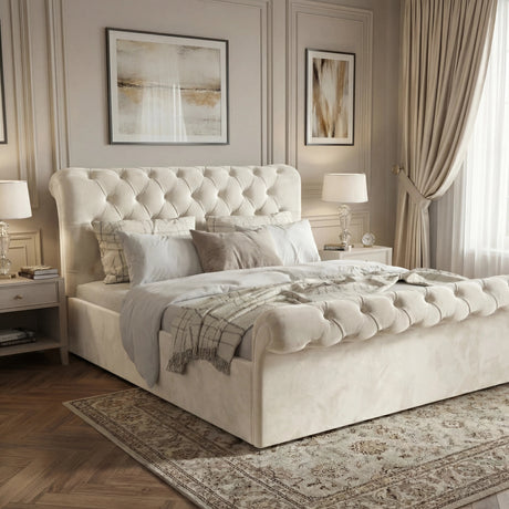 Side view of small double beige ottoman bed with padded sides and deep buttoned headboard for comfort