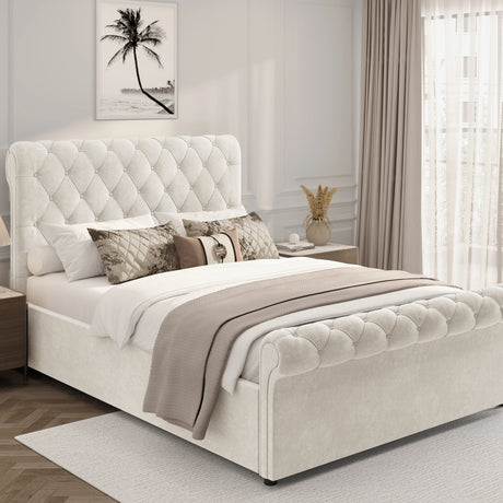 Chesterfield Ottoman Storage Bed in beige velvet with side lift mechanism, tufted headboard and footboard, ideal for elegant bedroom storage solutions.