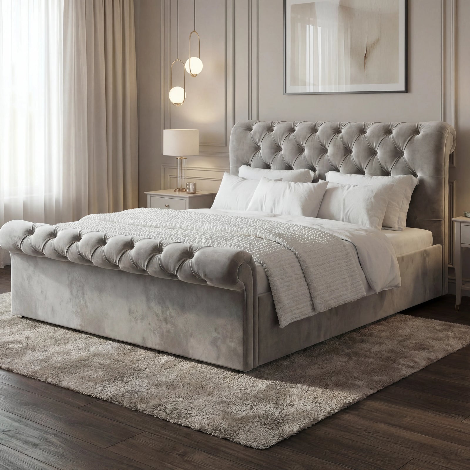 [Small Double | Light Grey] Lifestyle bedroom view Chesterfield ottoman bed angled by pendant light and framed wall art