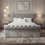 [Small Double | Light Grey] Chesterfield ottoman bed head-on, pendant lights above and panelled wall behind headboard