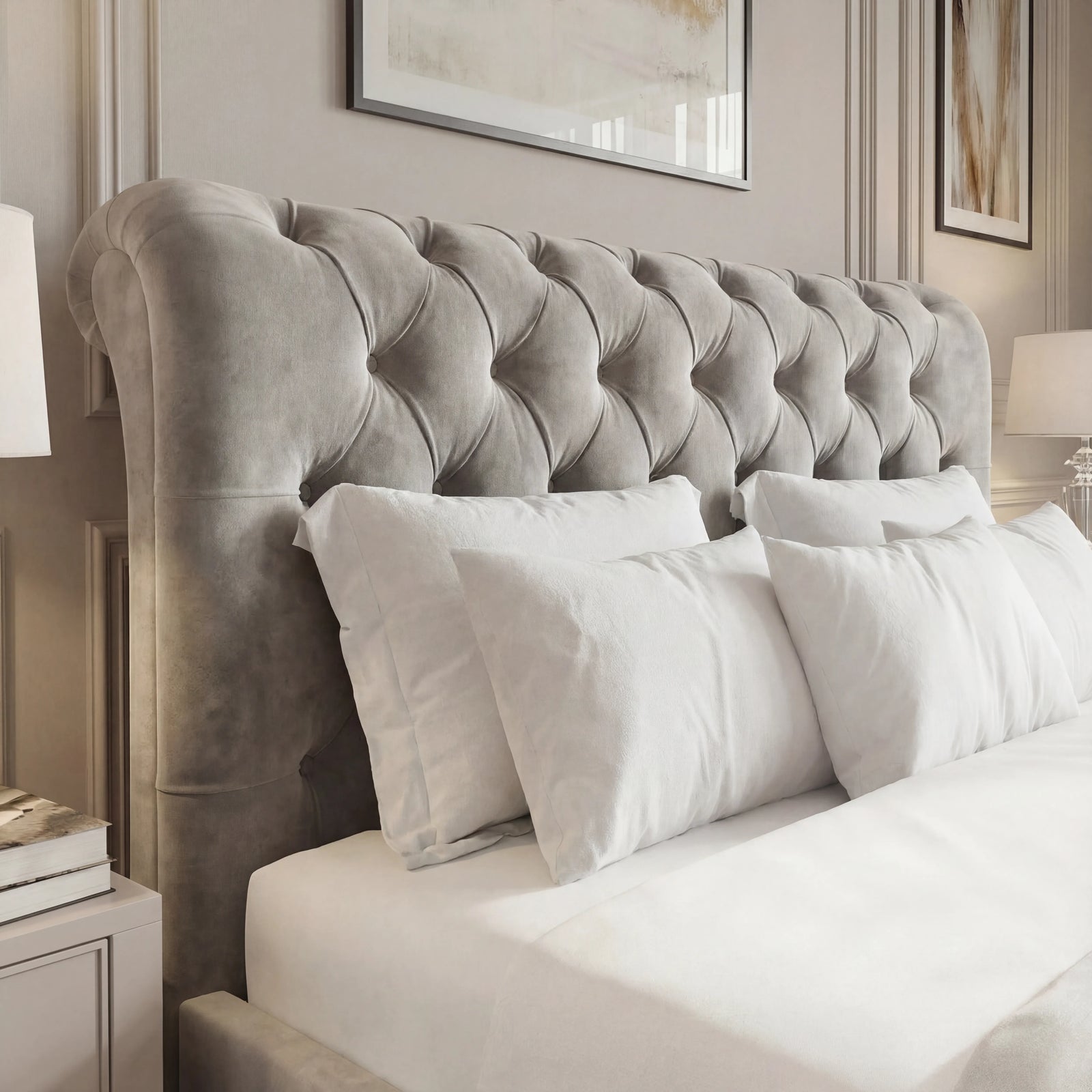 [Small Double | Light Grey] Chesterfield ottoman bed velvet headboard detail with white pillows stacked in front