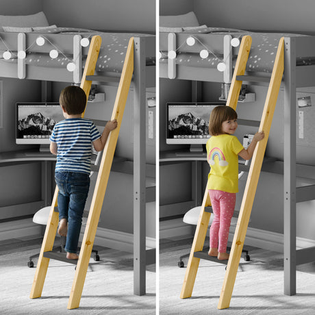 Split image showing a young boy and girl safely climbing the wooden ladder of a children bunk bed with a desk underneath