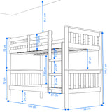 White wooden bunk beds dimensions: Length 198cm, Height 144.5cm, width 98 cm, and 73.5cm gap between bunks