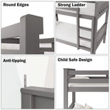 Collage showing safety features of grey children's double bunk bed: ladder, rounded edges, anti-tip guards