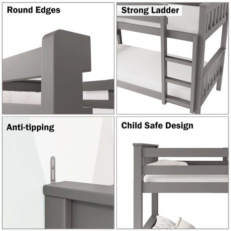 Collage showing safety features of grey children's double bunk bed: ladder, rounded edges, anti-tip guards