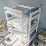 high-angle view of children's triple bunk beds in white, showing ladders, guardrails, and compact design