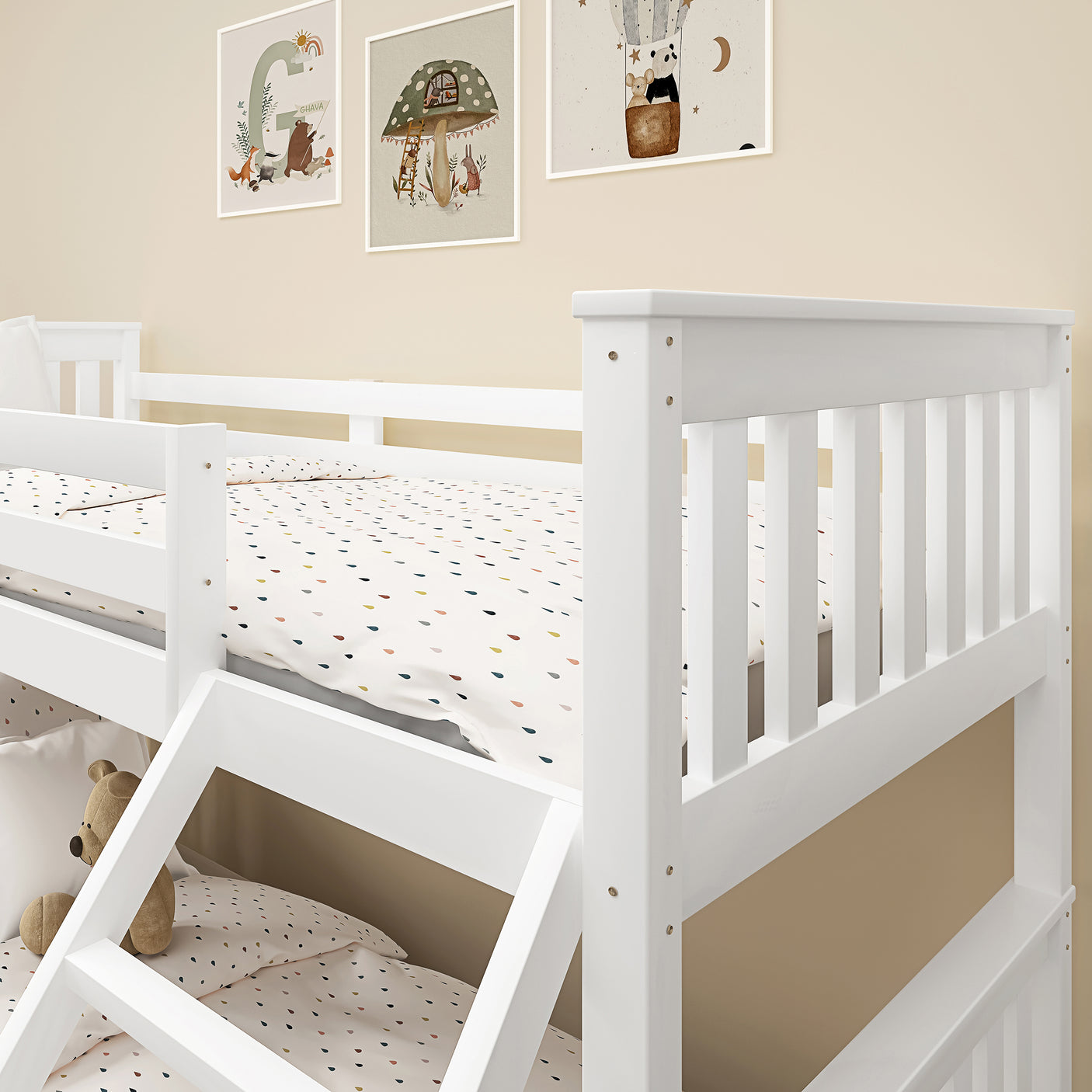Close-up of upper guardrails on white wooden triple bunk bed, ensuring safety for children sleeping on the top bunk.