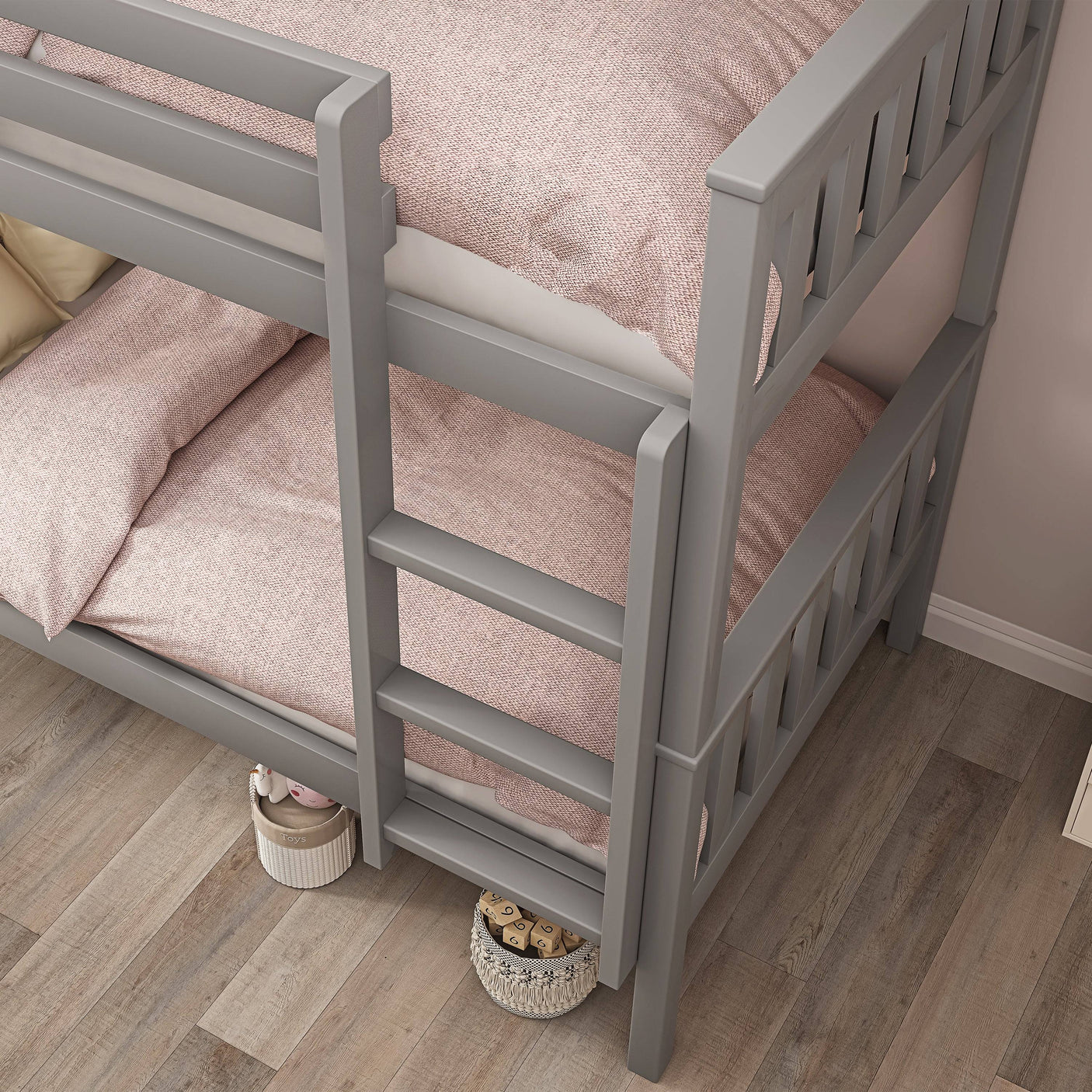Close-up of grey bunk bed ladder and under-bed toy storage, ideal for organizing kids' rooms with limited space.