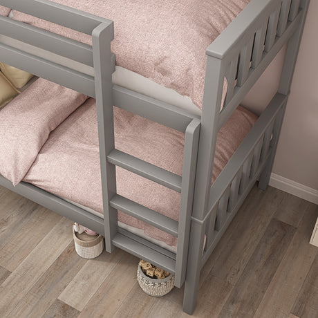 Childrens bunk beds grey with stairs, offering a stylish and space-saving solution.
