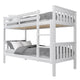 Angled view of white double bunk bed for kids with grey bedding, featuring a detachable design and sturdy wooden frame.