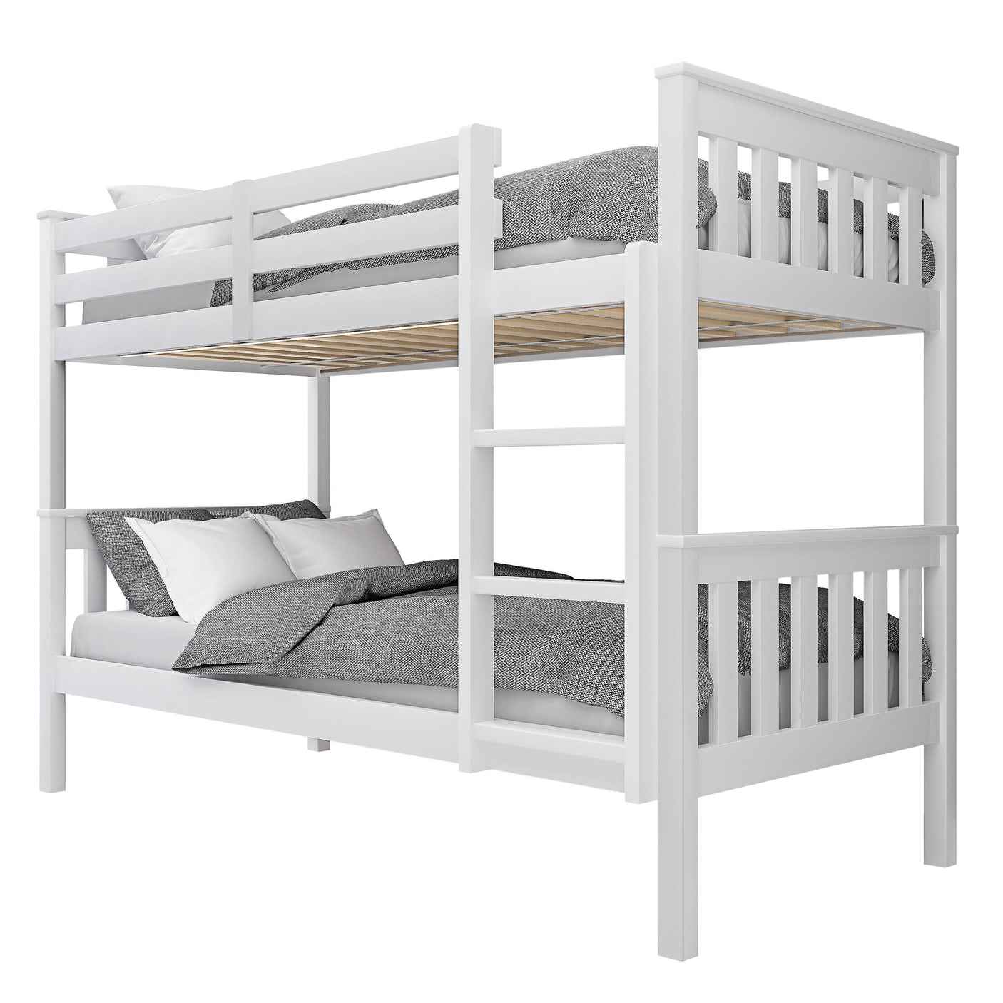 Angled view of white double bunk bed for kids with grey bedding, featuring a detachable design and sturdy wooden frame.