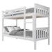 Angled view of white double bunk bed for kids with grey bedding, featuring a detachable design and sturdy wooden frame.
