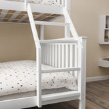 Detail of angled ladder on white triple bunk bed for kids, designed for safe and easy access to the top bunk.