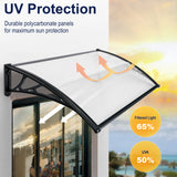 Clear door canopy with UV-protected polycarbonate panels and black frame for sun shade.