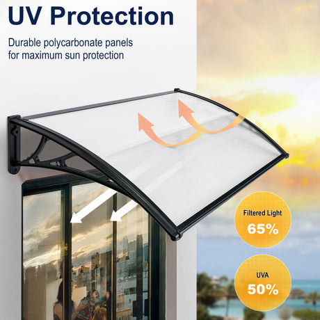 Clear door canopy with UV-protected polycarbonate panels and black frame for sun shade.