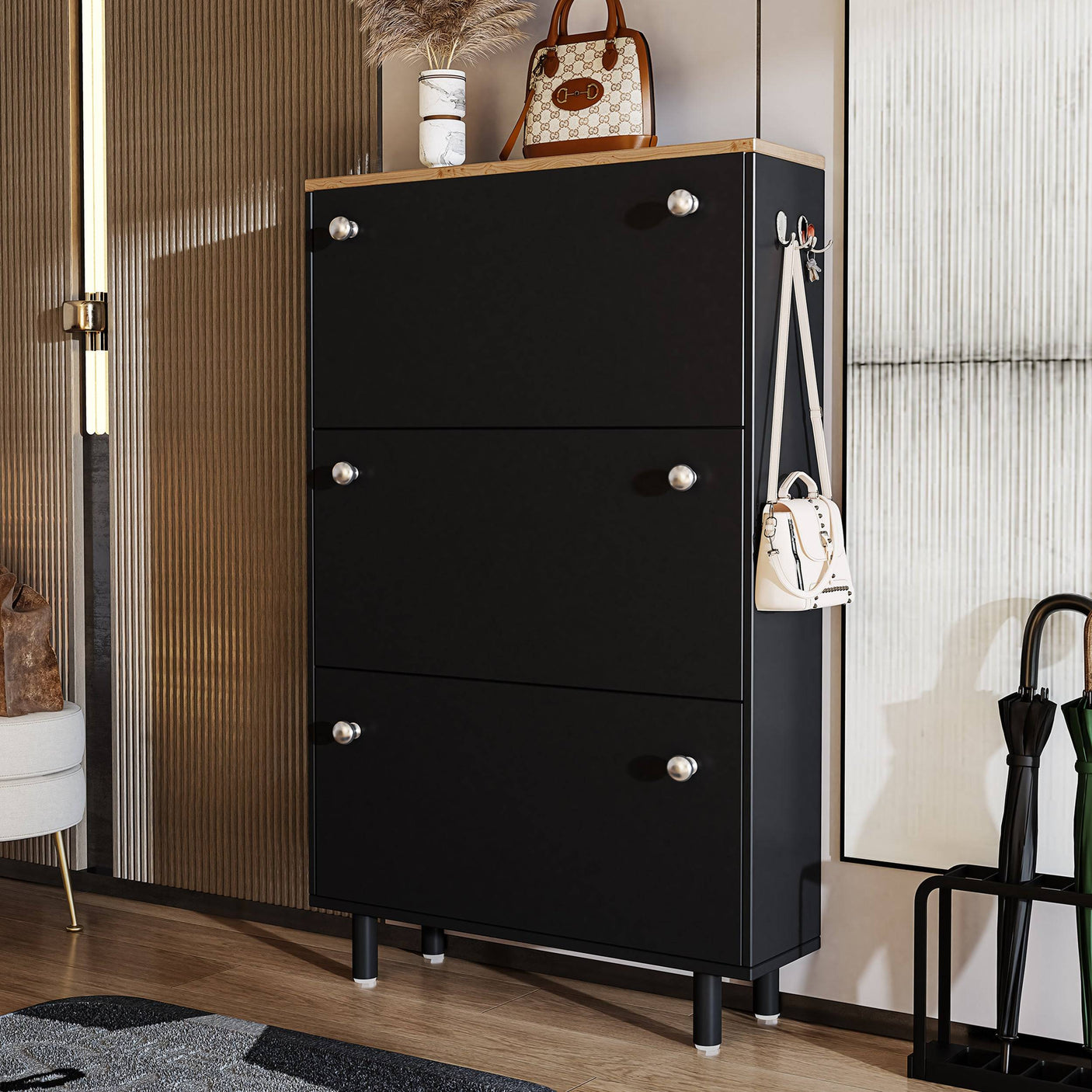 Closed Blisswood Shoe Cabinet Hallway in black with chrome knobs and wood top. Sleek design for stylish hallway organization.