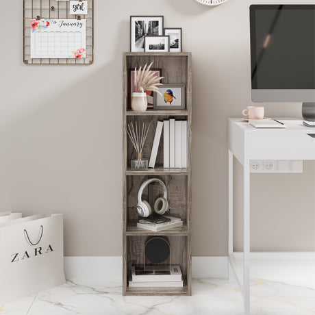 front view of coach wood wooden bookshelf filled with books and decor, perfect for cozy rooms
