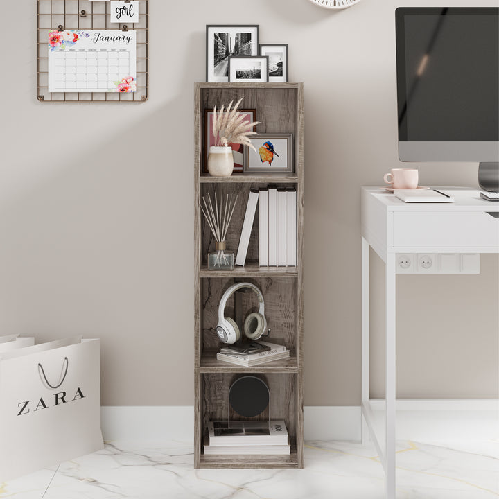 [4 Shelf | Coach Wood] straight face of coach-wood panel hallway-tall cube bookcase over oak board floor