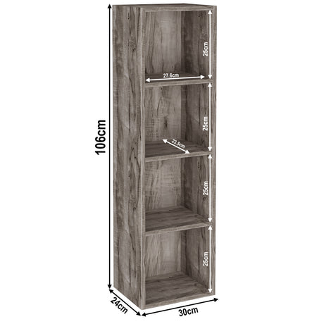 Dimensions of 4 tier coach wood cube unit, height 106cm and width 30cm. Shelf dimensions: height 25cm and depth 23.5cm