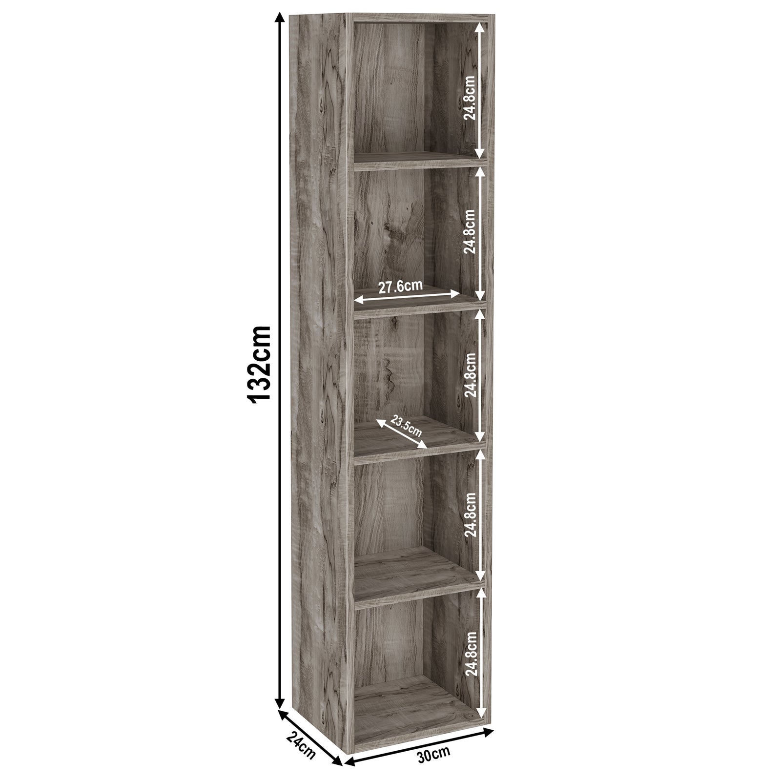 [5 Shelf | Coach Wood] coach-wood-grain 5-cubby sizes: 30 x 24 x 132 cm; sits by cream limewash wall