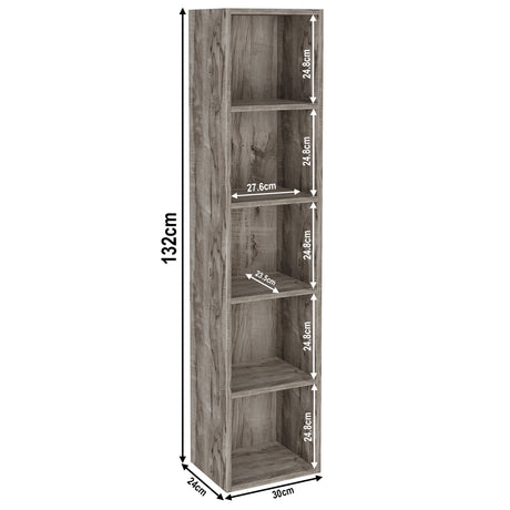 Dimensions 5 shelves coach wood book shelves, height 132cm and width 30cm. Shelf dimensions: height 25cm and depth 23.5cm