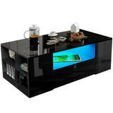 Stylish black coffee table with LED lighting and storage shelves for modern living room decor