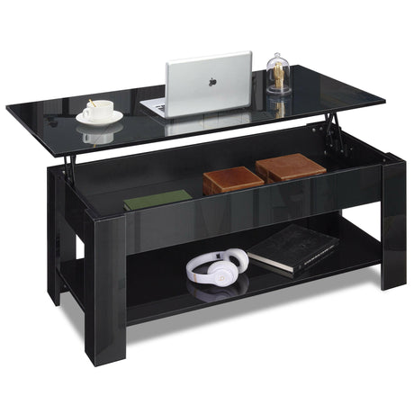 black coffee table with gloss top, storage compartment, and space for electronics and books.