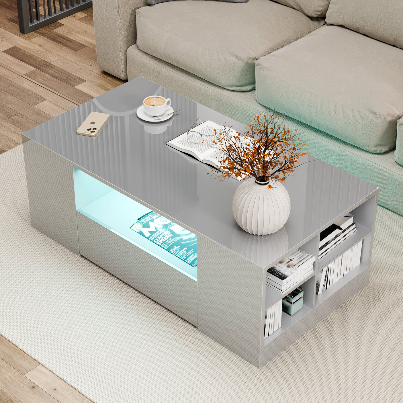 High Gloss Coffee Table With Storage & LED Lights