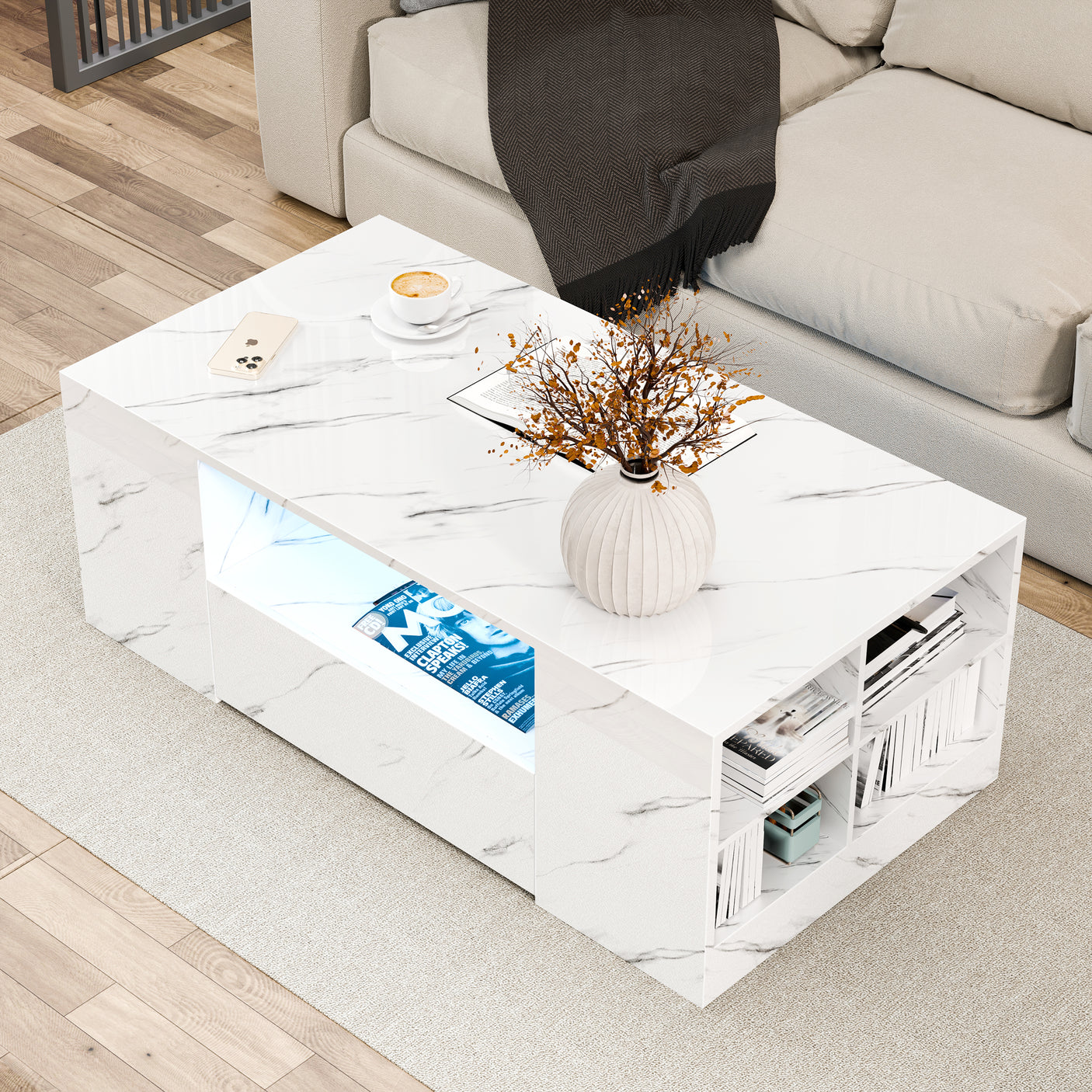 High Gloss Coffee Table With Storage & LED Lights