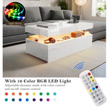 Living room with a white coffee table and gray sofa, featuring RGB LED light strip and remote control.