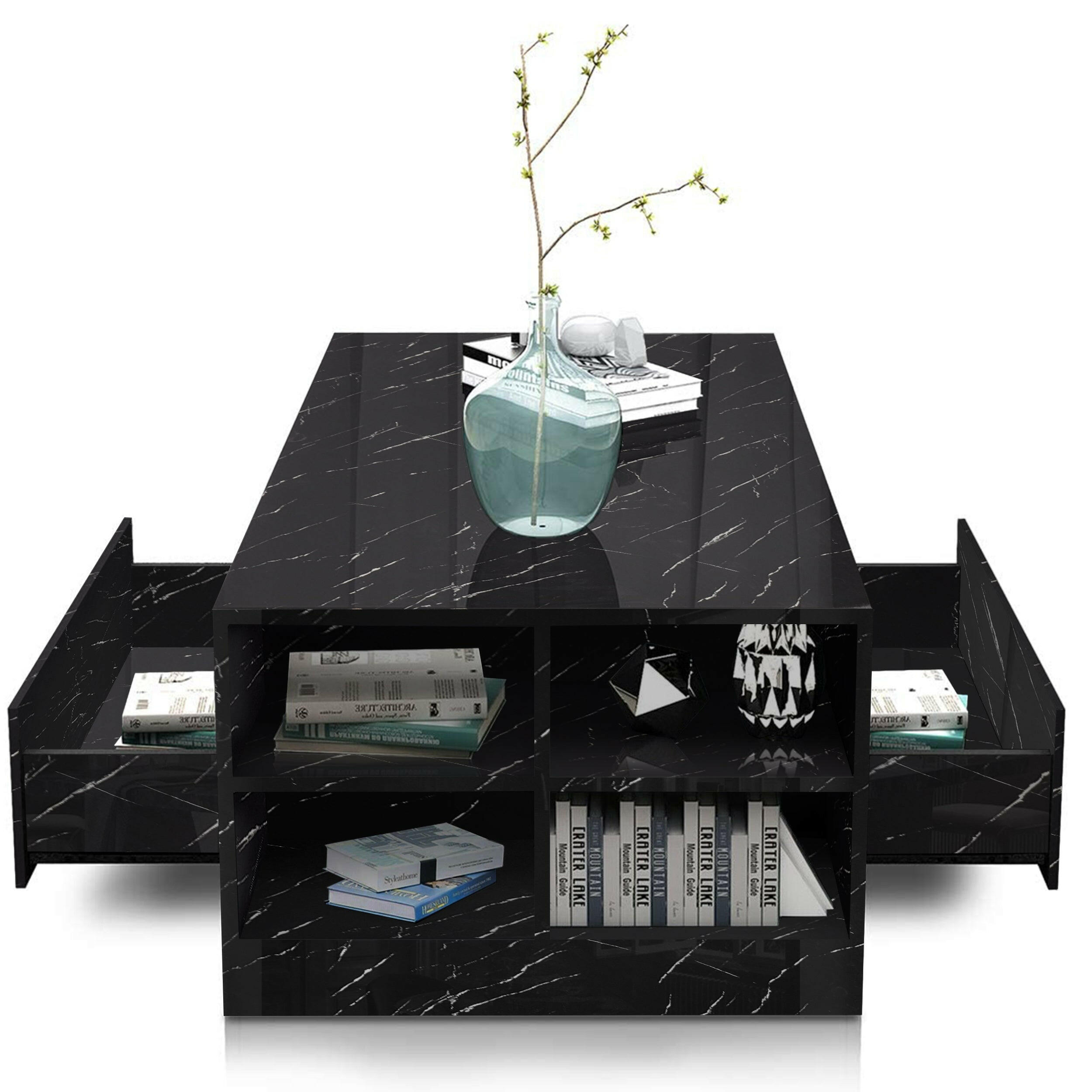 Modern coffee table for sale with elegant black marble effect, LED lighting, pull-out drawers.