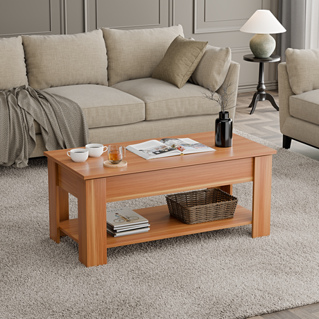 Coffee table lift top with storage shelf for modern living room decor.