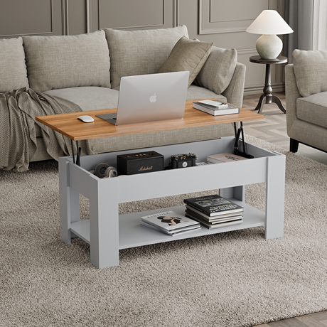 Grey coffee table lift top and wooden finish, featuring hidden storage shelf.