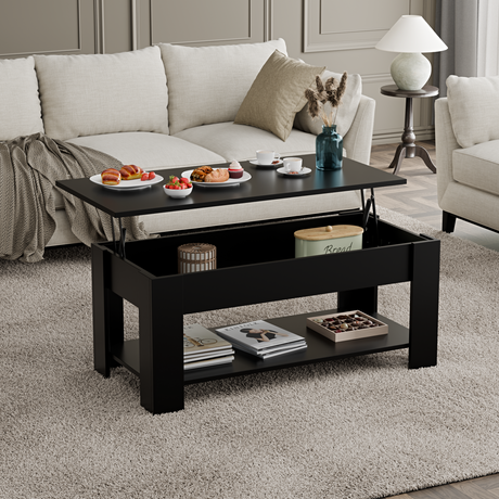 Black coffee table with lift up top and hidden storage for modern living room decor.