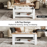 Lift top coffee table with storage in white and pine finish, shown in raised position as a work table and lowered as a coffee table in a modern living room.