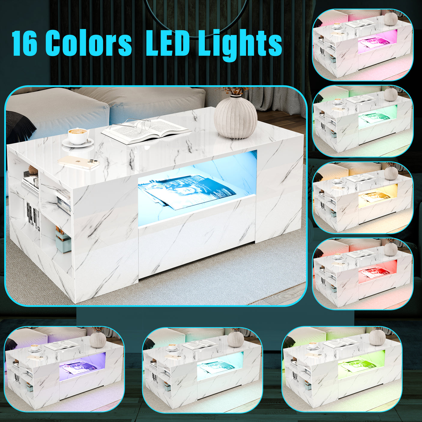 High Gloss Coffee Table With Storage & LED Lights