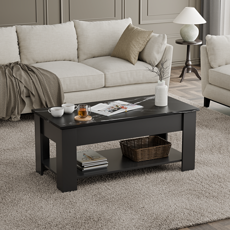 Coffee table modern design, black marble top, and open storage space in a stylish living room.