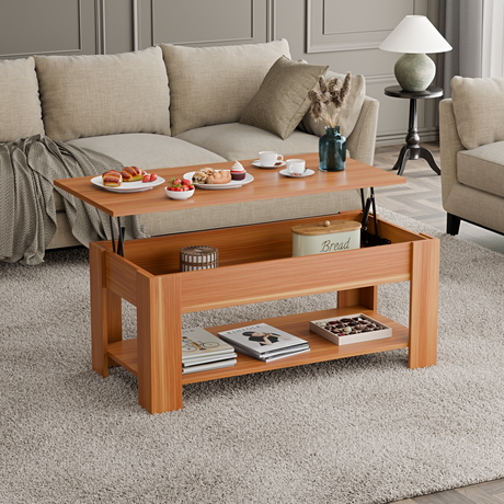 Coffee table top lift and storage shelf for modern living room decor.