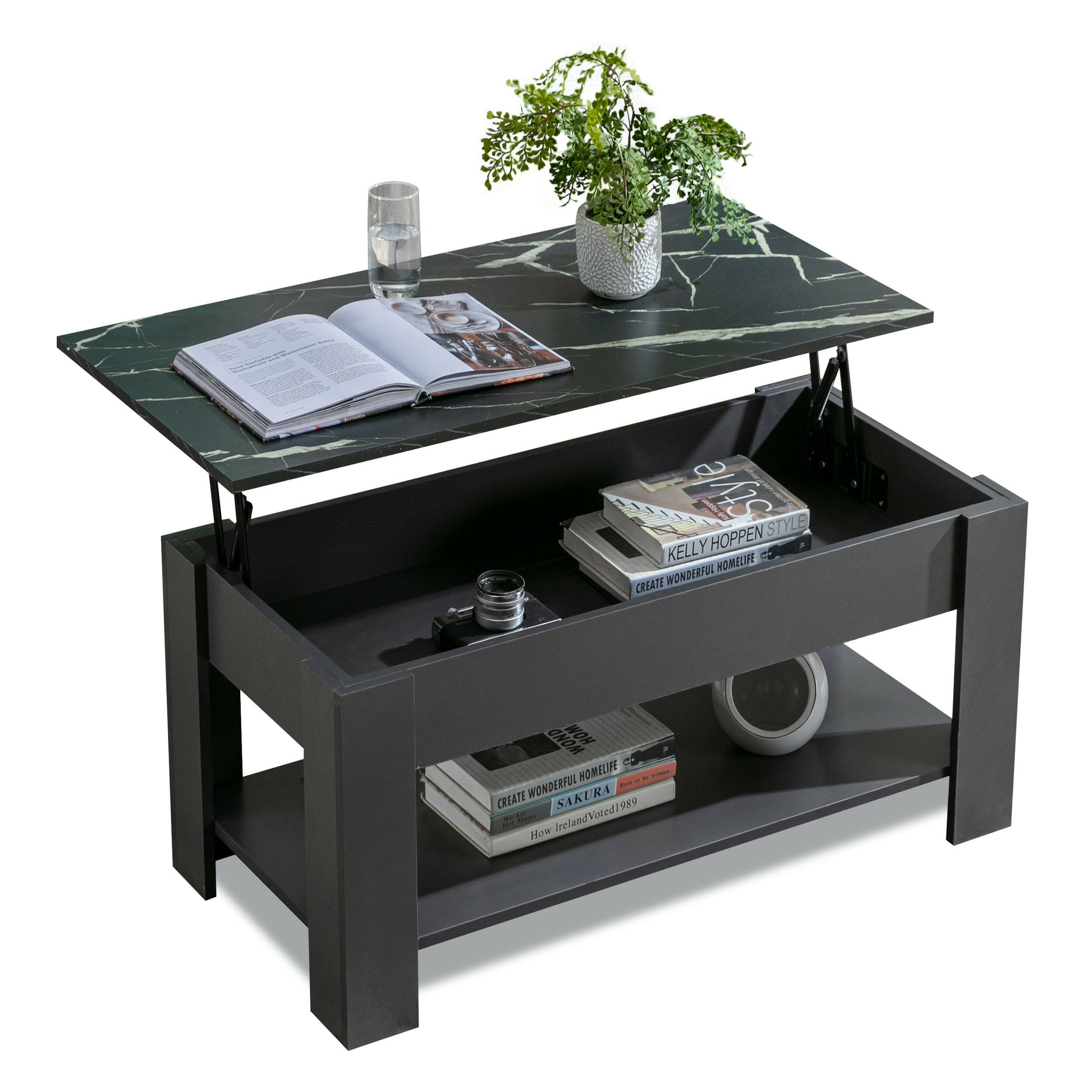 Modern black coffee table with a lift-top marble surface, spacious storage, and magazine display.