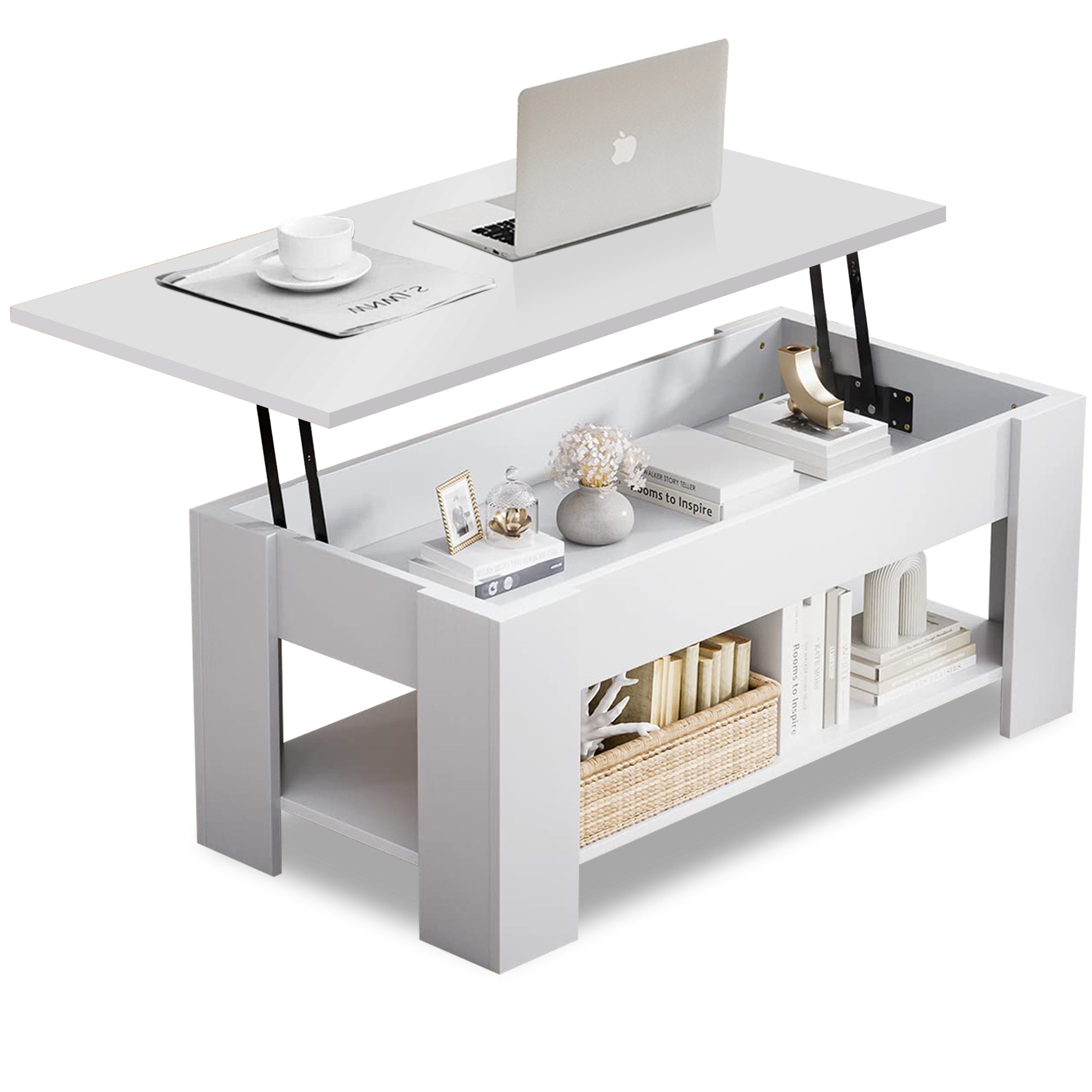 White coffee table with adjustable top and storage space, ideal for living room use