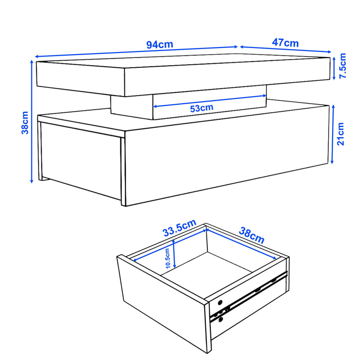 [White]  coffee table size chart, full unit 94x47x38cm with drawer 38cm wide by 33.5cm deep by 10.5cm tall