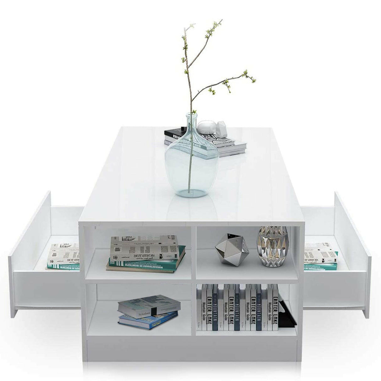 Elegant white coffee table with storage drawers and modern design for living room decor.