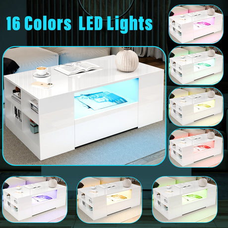 White coffee table with LED lights showing different color options in a living room setting.
