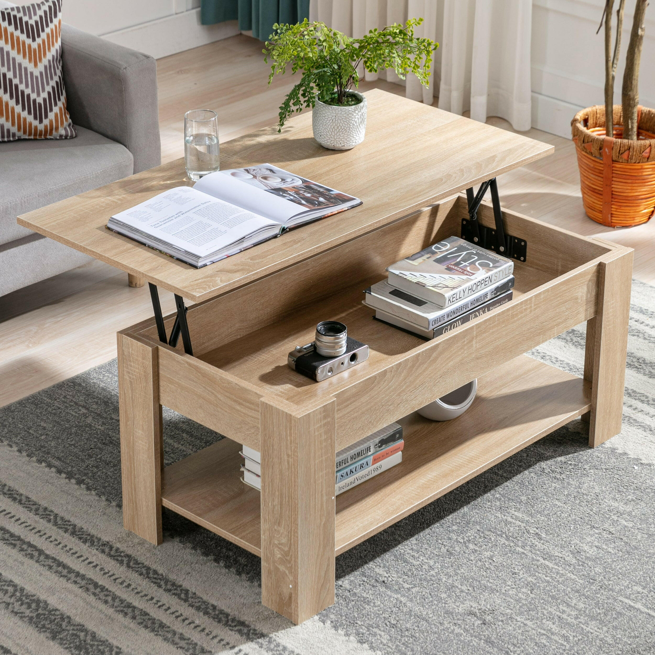 Lift-top coffee table with storage in oak wood finish, modern design for living room.