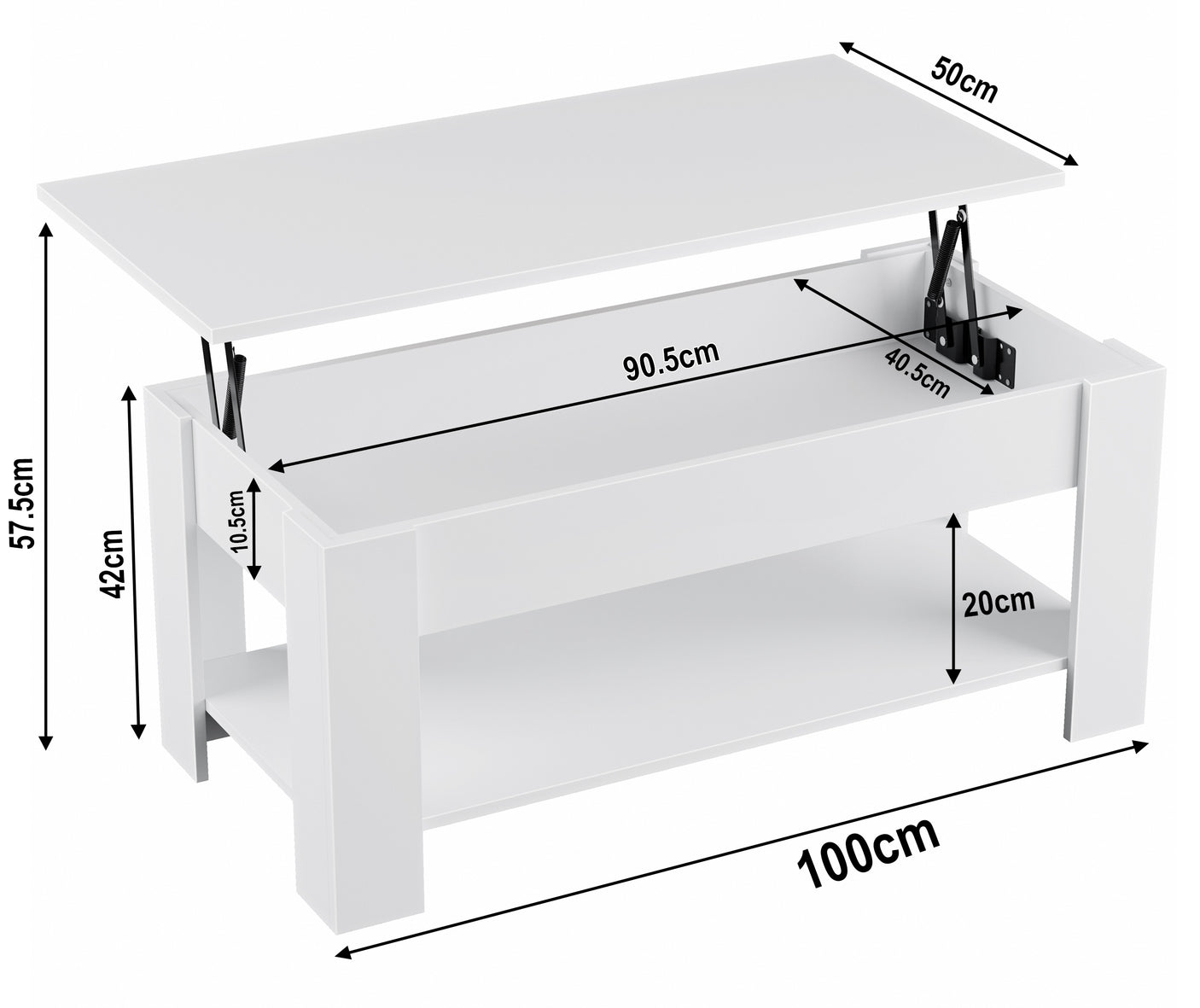 Coffee table with lift up top and storage, dimensions marked for reference.