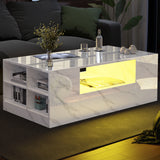 LED coffee table with storage drawers in high gloss white marble finish, featuring open shelves and illuminated center for modern living rooms.