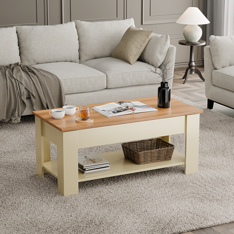 Coffee table with storage lift top and wooden finish for modern living room.