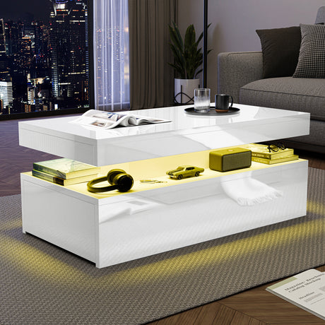 Modern white coffee table with illuminated lower shelf in a living room setting.