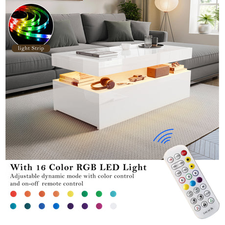 Living room with a white coffee table featuring RGB LED lights and a remote control.