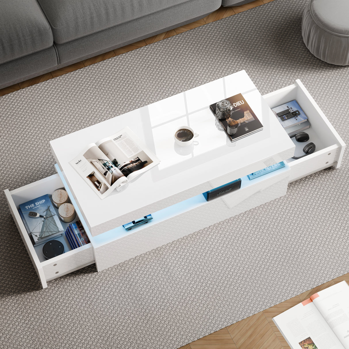White coffee table with storage drawers in a living room setting